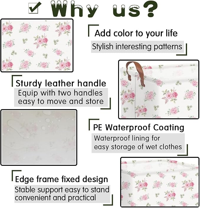 Rectangular Rose Pink Flower Basket for Girls,Waterproof collapsible laundry basket for girls,Kids Storage Baskets,Books Box,Gift Baskets,Baby Room Decor(Pink Flowers) - Image 6
