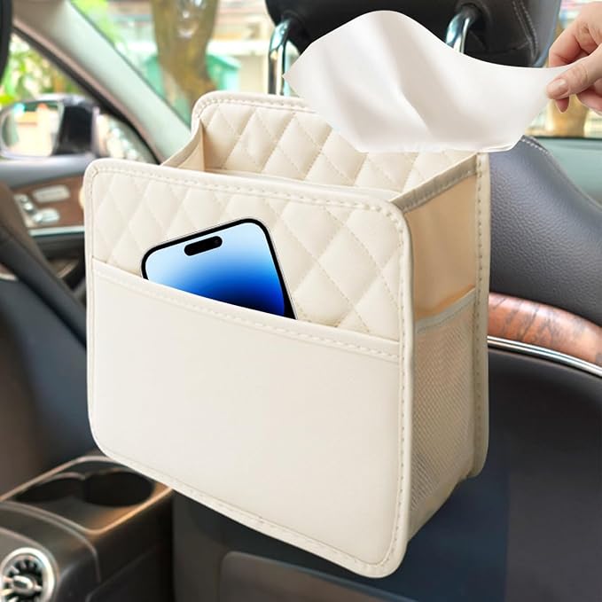 Mandark PU Leather Car Seat Back Organizer, Beige | Three-pocket layout with clear panel, elastic strap installation, fits most cars, SUVs, and trucks, car interior accessories - Image 3