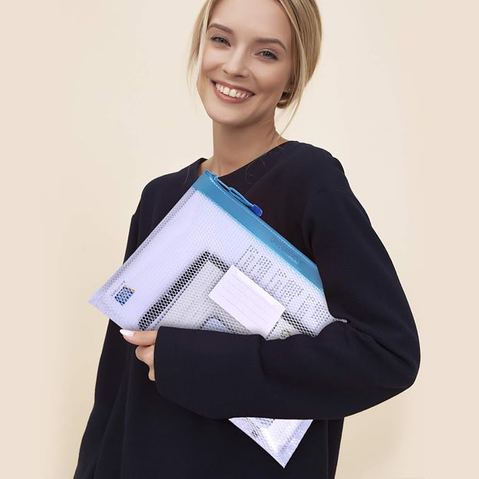 Wisdompro Zipper Pouch, 4 Pack Waterproof Mesh File Bag, Document Organizer | 13.3x9.8", Letter Size Mesh Bag with Outer Label Pocket, Durable, Perfect for File, Paper, Pen, Office, School, Home, Blue - Image 9