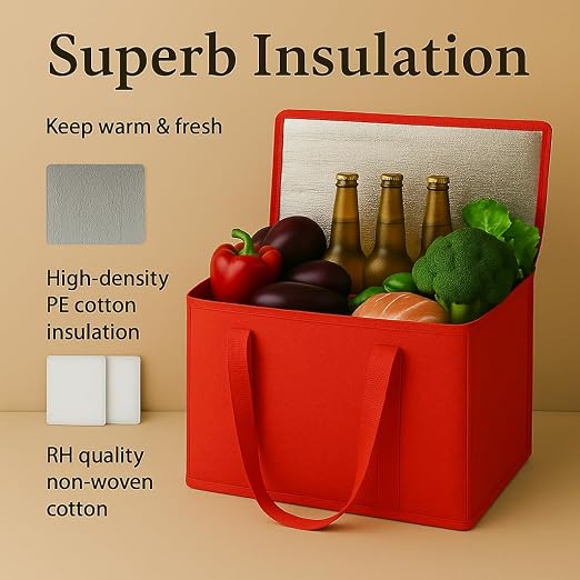 musbus 2Pk Insulated Reusable Grocery Bags, Collapsible Cooler Bag for Groceries, Heavy Duty Large Insulated Bag (Large, Bright Red) - Image 6