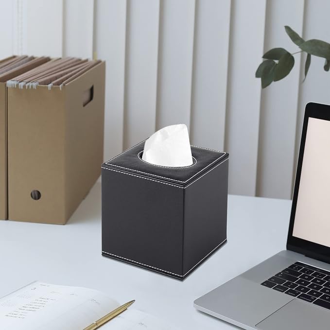 PU Leather Tissue Box Cover Square,Upgrade Large Size Napkin Holder Pumping Paper Case Dispenser,Facial Tissue Holder with Magnetic Bottom for Home Office Car Hotel Restaurant Black (Black-1) - Image 5