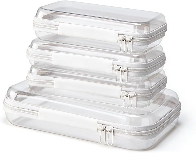 4 pcs Clear Hard Shell Zipper Case, White | Water-Resistant, Travel Makeup Bag, Diaper Bag Organizer Pouches, Clear Toiletry Bags by JieJieko