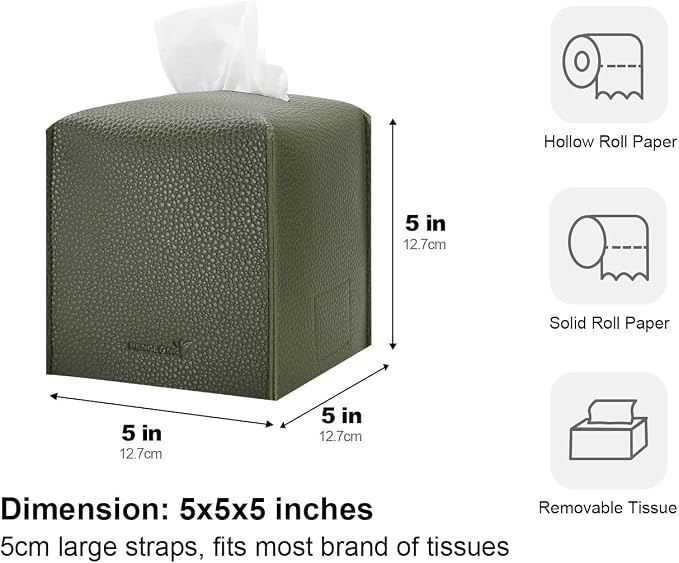 Tissue Box Cover 5X5X5'' PU Leather Tissue Holder Square Tissue Cube Box Organizer for Bathroom Vanity Countertop, Car, Night Stands, Office, Home, Kitchen (1Pack, Dark Green) - Image 5