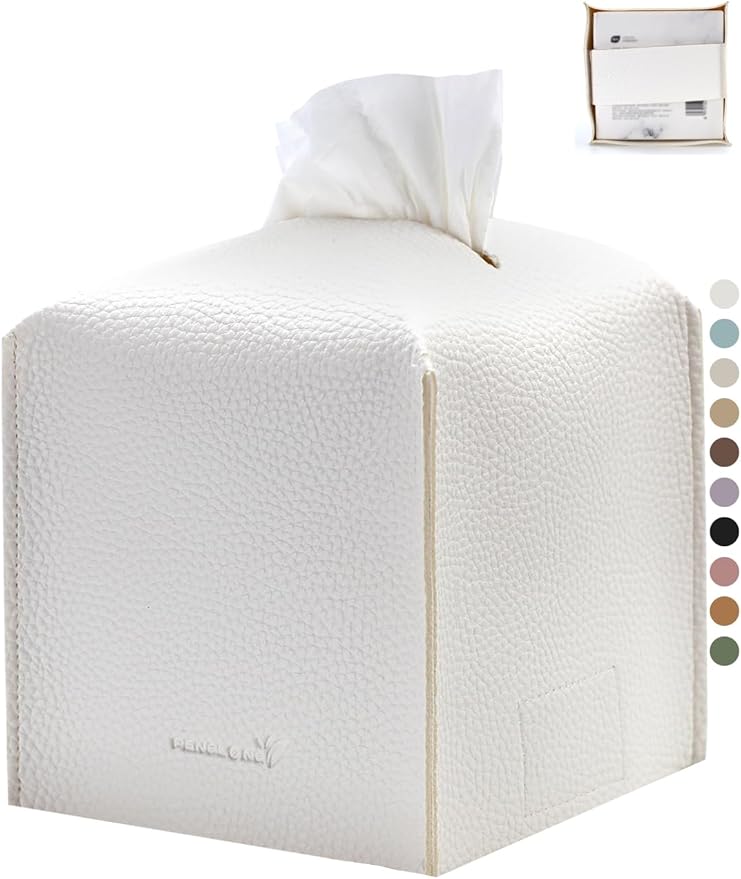 Tissue Box Cover 5X5X5'' PU Leather Tissue Holder Square Tissue Cube Box Organizer for Bathroom Vanity Countertop, Car, Night Stands, Office, Home, Kitchen (1Pack, White) by PENGLONGHOMEDECORATION