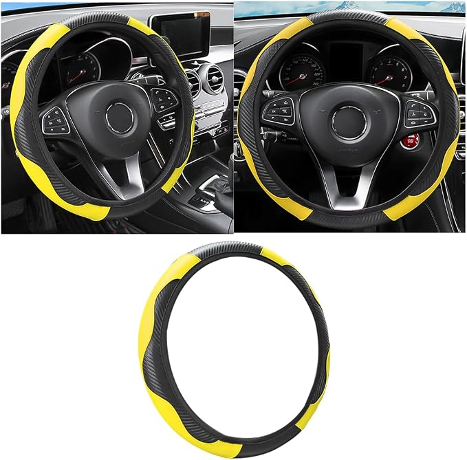Osilly 15 Inch Carbon Fiber PU Leather Steering Wheel Cover, Yellow | full-wrap protective surface, flexible ringless design, hand-stretch setup, fits matching rim sizes, automotive accessories by Osilly