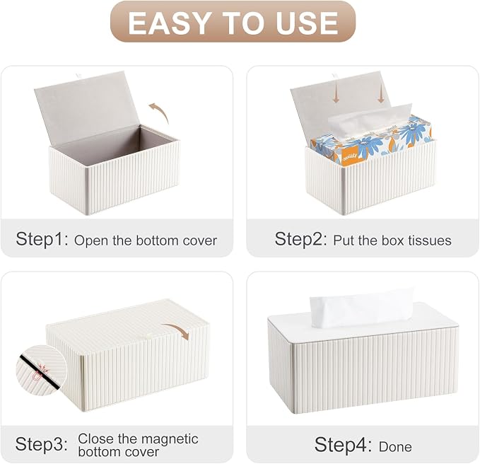 KINGFOM PU Leather Tissue Box Cover Rectangular Tissue Box Holder with Magnetic Bottom, Napkin & Facial Tissue Holder Dispenser for Home, Office for Standard 120-count/160-count (2-Ply) White Stripe - Image 8