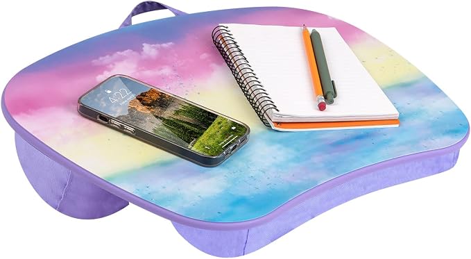 LAPGEAR MyStyle Lap Desk – Sunset Watercolor, Fits 15.6” Laptops | Dual-Bolster Microbead Cushion, Built-In Carry Handle, Ergonomic Curved Front Edge by LapGear