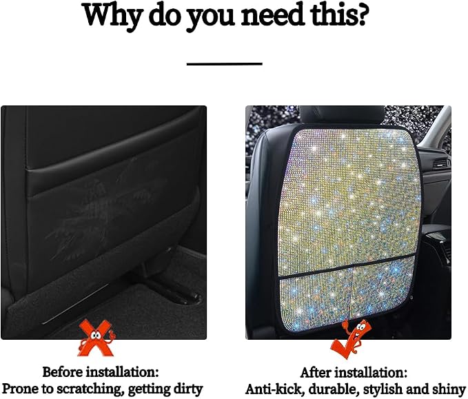 Diamond Bling Car Seat Kick Protectors with Storage – Sparkly Rhinestone Kick Mats, Universal Back Seat Cover for SUV, Crystal Auto Accessories for Stylish Moms Color 2pcs - Image 6