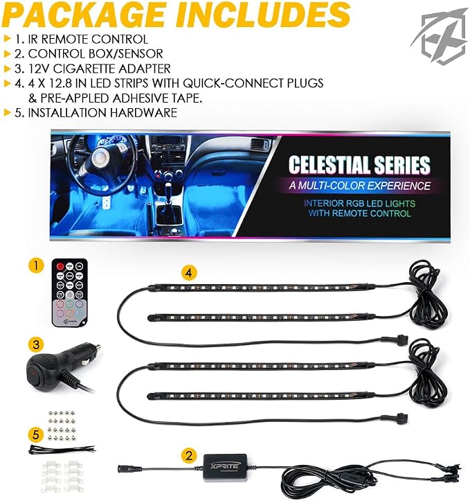 Xprite RGB LED Car Interior Bluetooth Light Strips w/Remote & Control Box, Silicone Sealed, Under Dash Footwell Lights Kit w/Cigarette Adapter for Vehicle Internal SUV Truck - 4 PCS - Image 7