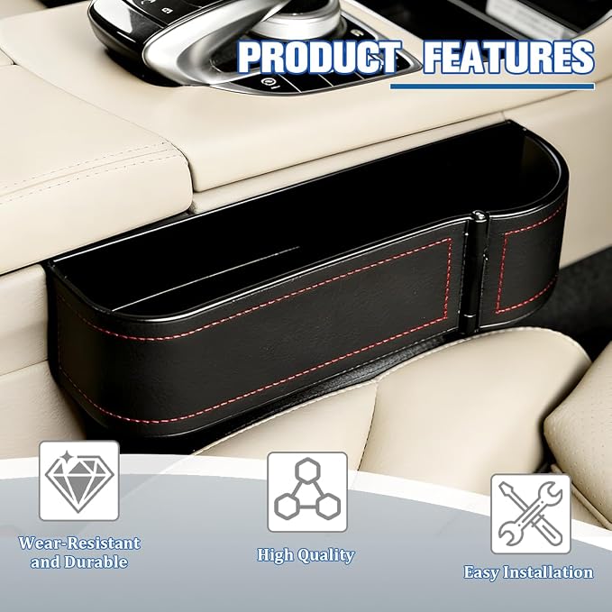 Car Seat Gap Filler Organizer with Cup Holder Expander, Leather Console Seam Filler Storage Box, Auto Front Seat Gap Organizer for Phones Keys Glasses, Universal Fit (Black/Red Passenger) - Image 4