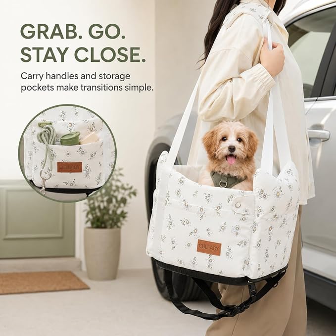 Center Console Dog Car Seat Safe Travel for Small Dogs Under 15 lbs | Detachable Washable Pet Carrier with Storage Pockets & Safety Leash,Off White - Image 5
