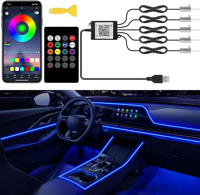 Interior Car Lights APP/Remote Control, 5 in 1 RGB USB Ambient Lighting Kit | 16 Million Colors & 29 Preset Modes, With 236 inches Fiber Optic, Music Mode Car Inside Lighting Accessories by QVEVDACAR