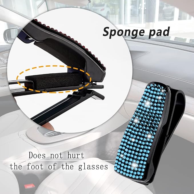 Turcee Set of 2 Bling Rhinestone Car Sun Visor Glasses Holders with Anti-Scratch Sponge,Car Decoration for Women Girls,Ticket Card Clip Visor Organizer (Lake Blue) - Image 6