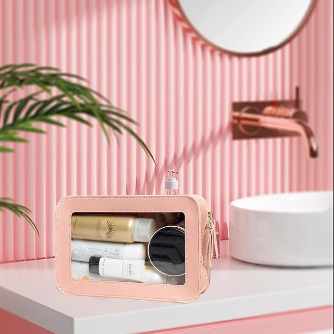 Clear Makeup Bag, Pink Travel Makeup Pouch Toiletry Bag for Women Waterproof Small Cosmetic Bag Case Small Make Up Bag with Zipper Car Organizer Car Essentials for Women Men - Image 4