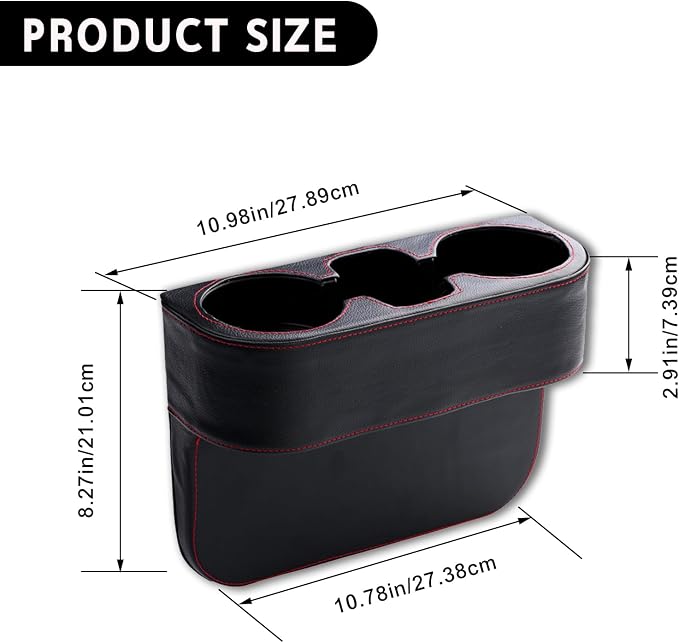Car Cup Holder, PU Leather Auto Front Seat Organizer, Multifunctional Cup Drink Holders, Gap Filler Storage Box Coin Bucket Console Side Pocket Cell Mobile Phone Holder (Black) - Image 3