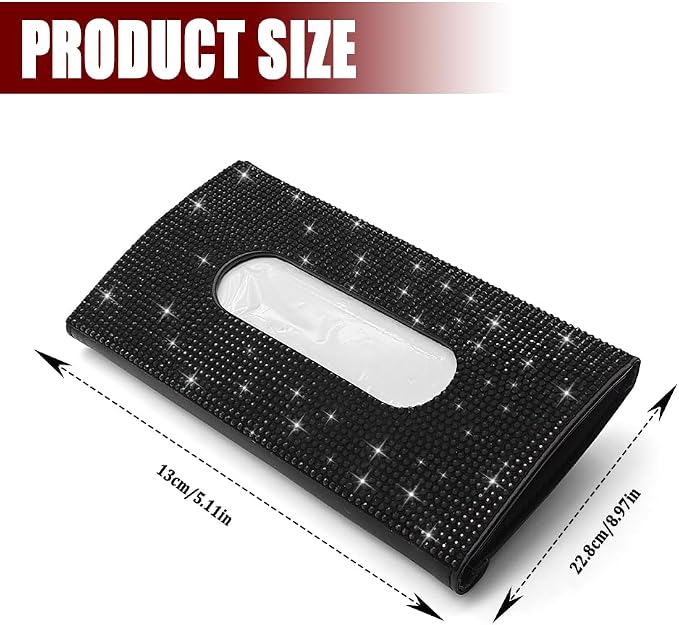 Bling Car Sun Visor Tissue Box Holder, Car Visor Tissue Holder, PU Leather with Bling Crystal Rhinestones Tissue Holder, Backseat Paper Towel Cover Case Auto Accessories for Women (Black) - Image 2