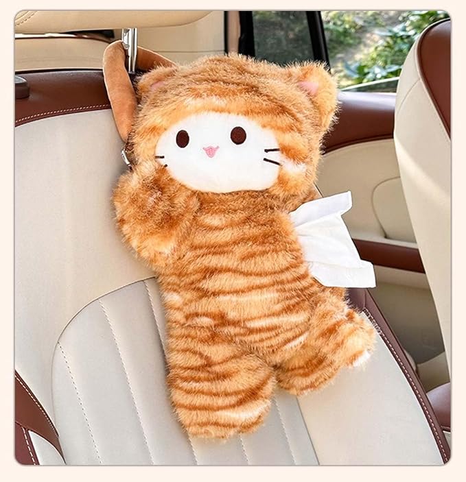 Tissue Box Cover Plush Tissue Box Holder for Car, Home, Decorative Holder/Organizer for Bathroom Vanity Countertop, Nightstands, Office Desk-Orange Cat - Image 3