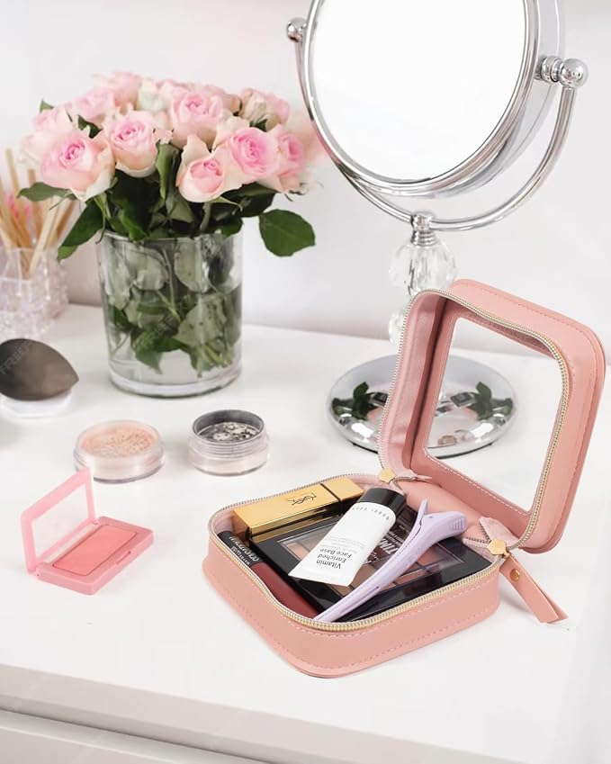 Mini Clear Makeup Bag, Small Cosmetic Bags Travel Toiletry Pouch Organizer, TSA Approved Make up Case with Zipper, Car Bag for Essentials(Pink, Mini-Chic) - Image 4