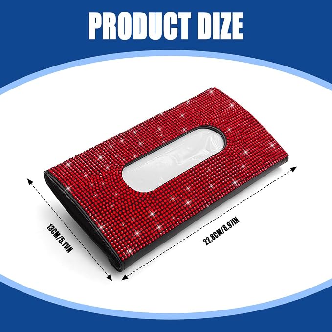Bling Car Sun Visor Tissue Box Holder, Visor Accessories, Rhinestone PU Leather Crystal Sparkling Napkin Holder, Auto Sun Visor Paper Towel Cover Case Accessories for Most Cars (Red) - Image 2