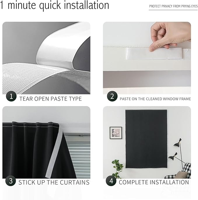 Adhesive Blackout Curtains- Self Stick Shades Window Blinds Curtains No Rod Needed Easy to Hang Curtains, Use for Bedroom, Living Room, Dining Room, Kitchen, Home Office, 47"W X 79"L, Black, 2 Panels - Image 3