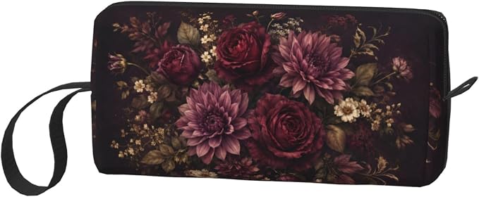 Burgundy Floral Small Makeup Bag, 600D Oxford Travel Pouch | Burgundy Floral Cosmetic Pouch with Double-Sided Print and Foam Padding for Women, Travel, Gym, Weekend Trips and Daily - Image 2