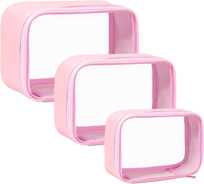 Travel Clear Makeup Bag Set for Women, 3 Pack Travel Size Toiletry Bag with Zipper Small Makeup Pouch for Purse Waterproof Portable Cosmetic Case Compact Car Organizer Storage Bag (Pink Set) by FFpaw
