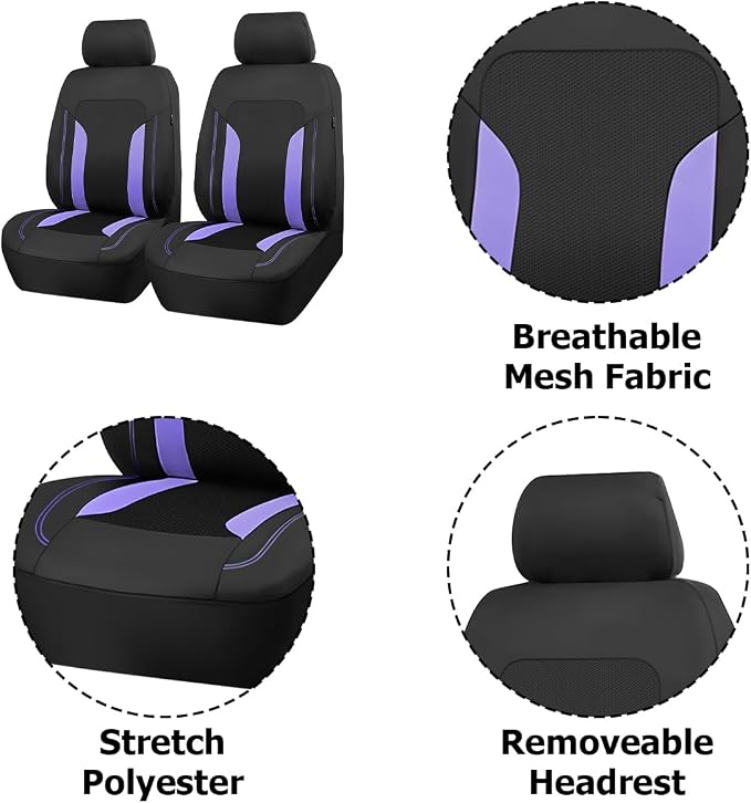 Bittwee Car Seat Covers Full Set, Breathable Automotive Front Seat Headrest Covers, Waterproof Comfortable Vehicle Seat Headrest Protection Accessories, Universal Fit (Purple) - Image 3