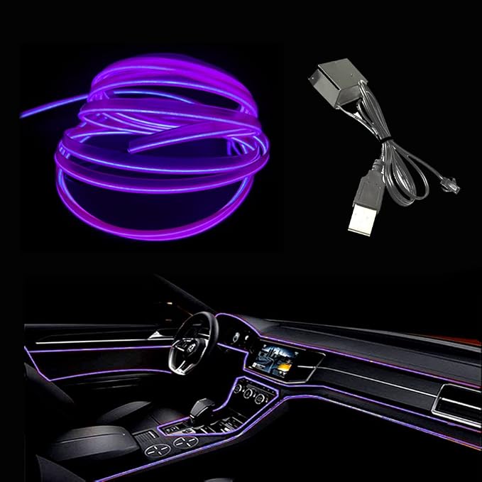El Wire Purple Interior Car LED Strip Lights, 10M Neon Wire USB 5V with Fuse Protection for Automotive Interior Decoration, with 6mm Sewing Edge by Maxlaxer