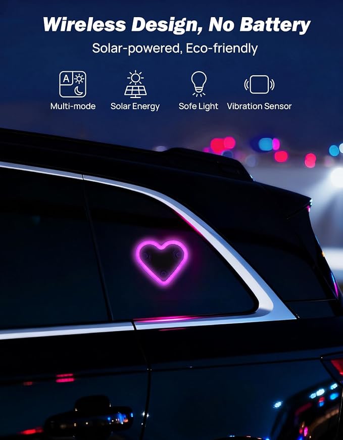 JOYTUTUS Car LED Ambient Light Solar Powered Heart Neon Light Car Led Lights Interior for Outdoor/Interior Car/Room Pink - Image 3