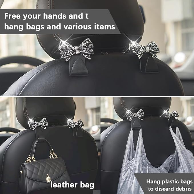 Zpana Bling Car Headreat Hook, 2PCS Crystal Rhinestone Cute Bow Vehicle Seat Back Hanger Storage for Purses Bags Grocery, Diamond Auto Rear Seat Organizer, Universal for SUV Truck Sedan (Pink) | PVC construction, rhinestone bow design, compact rear sea... - Image 4