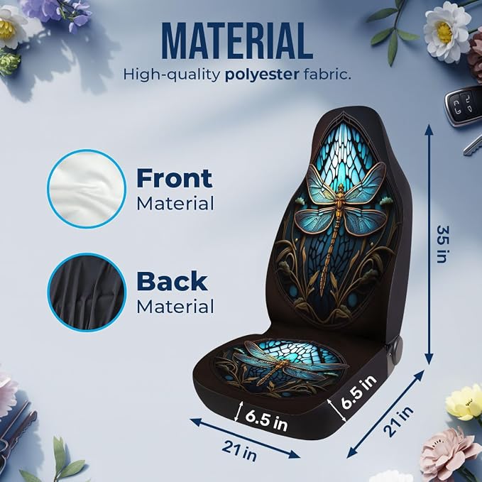 GENANY Dragonfly Car Seat Covers, 2-Piece Front Seat Set | 2-piece polyester front seat cover set, each 35 x 21 x 21 inches, with adjustable straps and hooks - Image 4