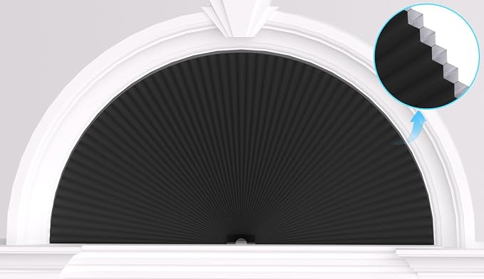 Myshade Arch Window Shades Half Circle Blackout Cellular Shades Cordless No Drill Blinds for Windows Half Moon Honeycomb Fabric No Tools Room Darkening Shades Easy Install (1PCS Black 72" W X 36" H) by MYSHADE
