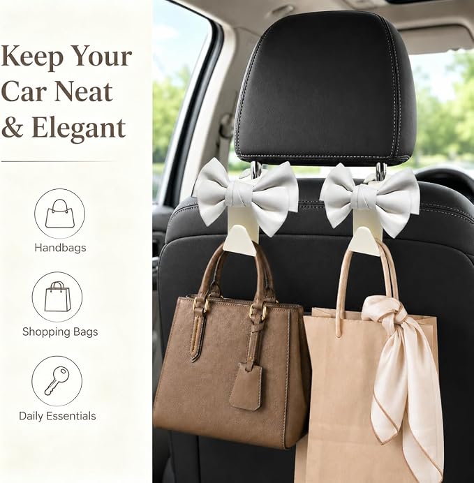 2 Pack Car Purse Hooks, Cute Bow Car Seat Headrest Hook Hanger for Purses and Bags.(white) | Car Bag Hanger for Groceries, Coats, Umbrellas and Daily Essentials, Bow-Shaped Car Interior Organizer for Handbags and Bags - Image 3