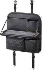 PU Leather Backseat Car Organizer with Foldable Tray & Tablet Holder Black | Luxury diamond stitching,anti-rattle design,universal vehicle compatibility,family road trip essential storage - Image 2