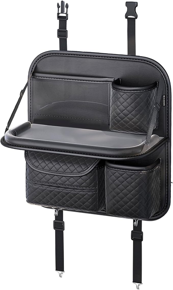 PU Leather Backseat Car Organizer with Foldable Tray & Tablet Holder Black | Luxury diamond stitching,anti-rattle design,universal vehicle compatibility,family road trip essential storage - Image 2