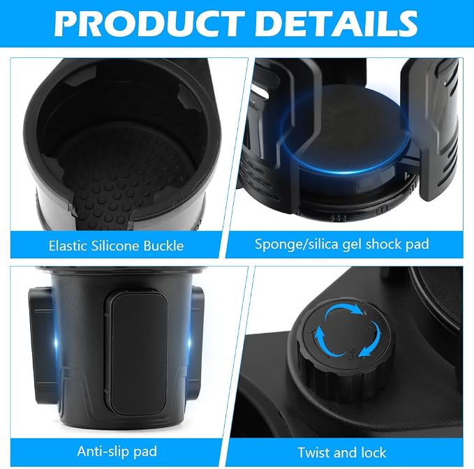 2 in 1 Car Cup Holder Expander, Multifunctional Expandable Car Cup with 360° Rotating Cup Holder Adapter Extender for Car with Adjustable Base Cup Holder Organizer for Large Water Cups and Drinks - Image 5
