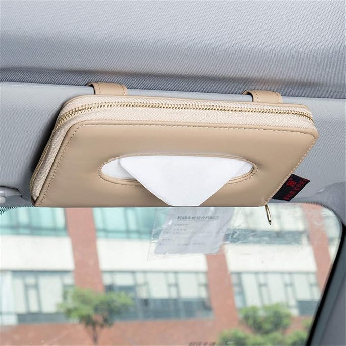 Car Tissue Holder, Sun Visor Tissue Holder, Car Visor Napkin Holder, PU Leather Backseat Tissue Case Holder for Auto Vehicle with Zipper (Beige) by Cartisen