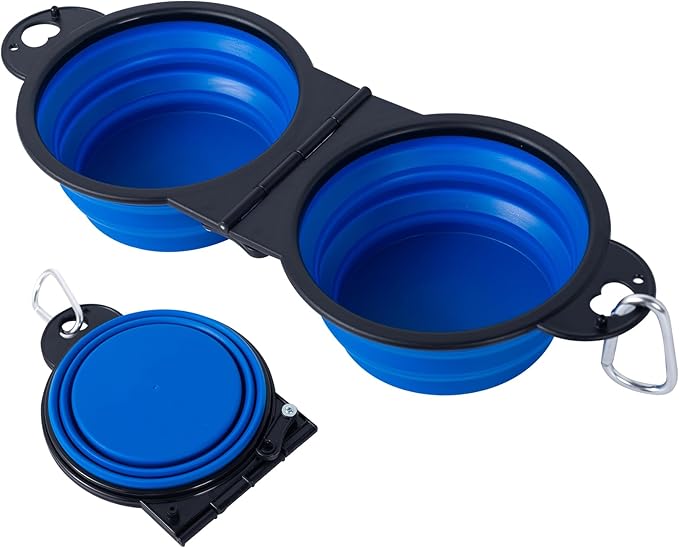 SLSON Collapsible Dog Dual Bowls Reinforced Rim 180 Degrees Flip Over Foldable Double Bowl with Lock Clips More Stable Dog Travel Bowls Pet Food Water Feeder (Blue) by SLSON