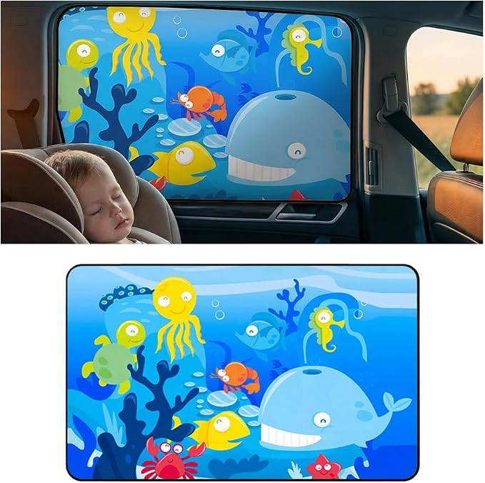 Magnetic Car Window Shade for Baby, Cartoon Pattern Automotive Side Window Blackout Curtain, Vehicle Sun Shade UV Privacy Protection Heat Blocking Cover, Universal Fit (Undersea) by Unknown