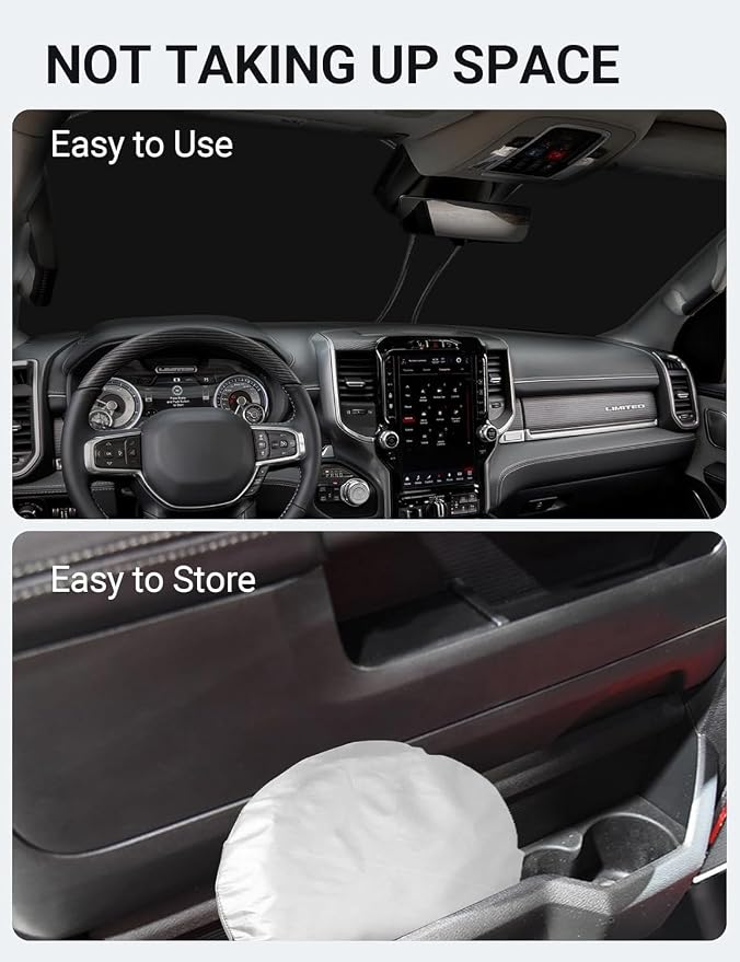 Proadsy Custom Fit Car Windshield Sun Shade for 2019-2025 Dodge RAM 1500 | 240T Heat Shield, Drops Temp 54°F, Blocks 99% UV, Prevents Dashboard Cracking, Summer Parking & Beach Trips, Easy Twist-Fold - Image 9