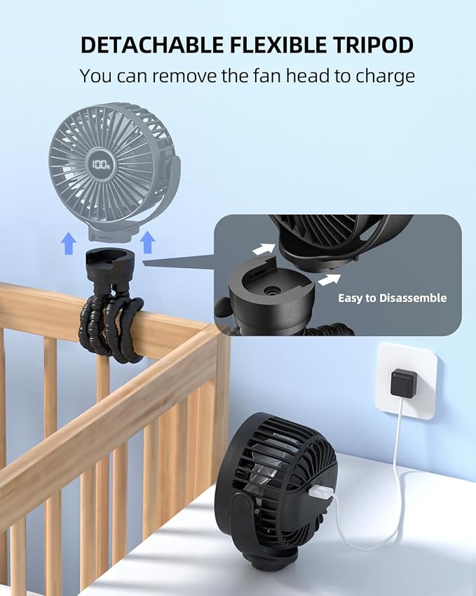 KIDEE Mini Stroller Fan, Portable Baby Fans Battery Operated, LED Display with 3 Speeds, Small Clip on Fan Desk Fan USB Rechargeable, Personal Handheld Fans for Outdoor Travel, Children Gift - Image 6