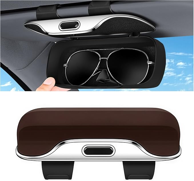 Sunglasses Holder for Car Sun Visor – Soft Vehicle Interior Glasses Organizer Box Accessories,Protective Automotive Eyeglasses Storage Case Hanger,Universal for SUV Sedan Truck (Brown) - Image 2
