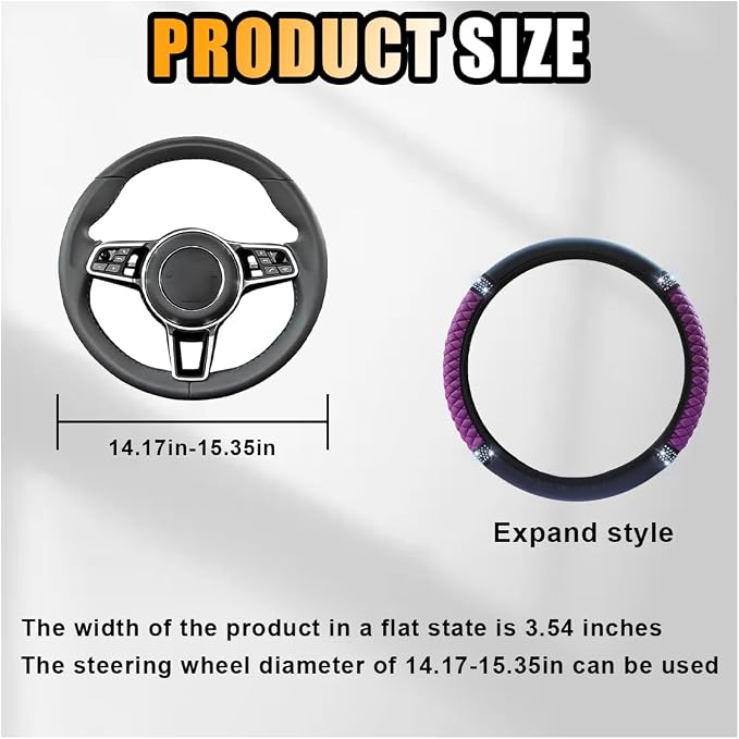 JOYCOURT 15 Inch Bling Soft Leather Car Steering Wheel Cover, Purple | Colorful Rhinestones Design, Auto Elastic Protector for Women Girls, Crystal Diamond Car Accessories for Most Cars, SUVs - Image 2