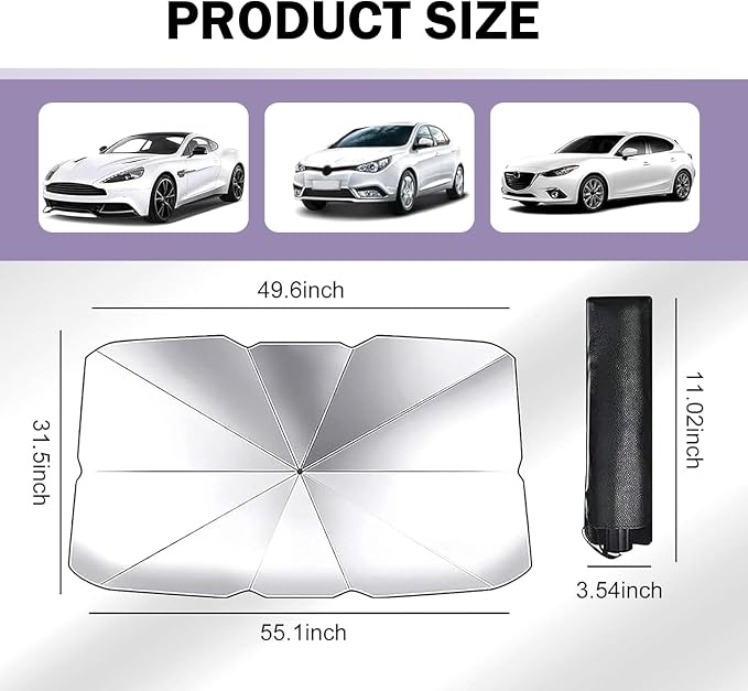 leechio 1 PC Windshield Sun Shade Umbrella, Sun Protection and Heat Insulation Front Windscreen Umbrella Sunshade, 55" x 31" Foldable Retractable Heat Insulation Protection, for Most Cars (Silver) - Image 2