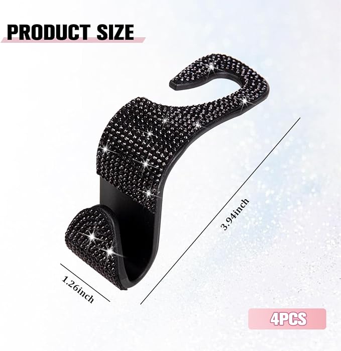 4PCS Bling Car Seat Headrest Hook, Crystal Rhinestone Backseat Hanger Organizer for Purse Handbag Umbrella, Shiny Auto Interior Seat Back Storage Holder Hook, Universal Fit (Black) - Image 2