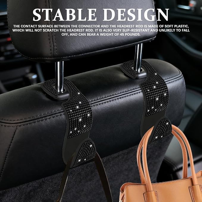Car Seat Headrest Hook, Automotive Seat Back Organizers, 2PCS | Bling Rhinestone Headrest Hooks with Universal Design, Car Interior Accessories for Holding Handbags Clothes Purses Bottles - Image 3
