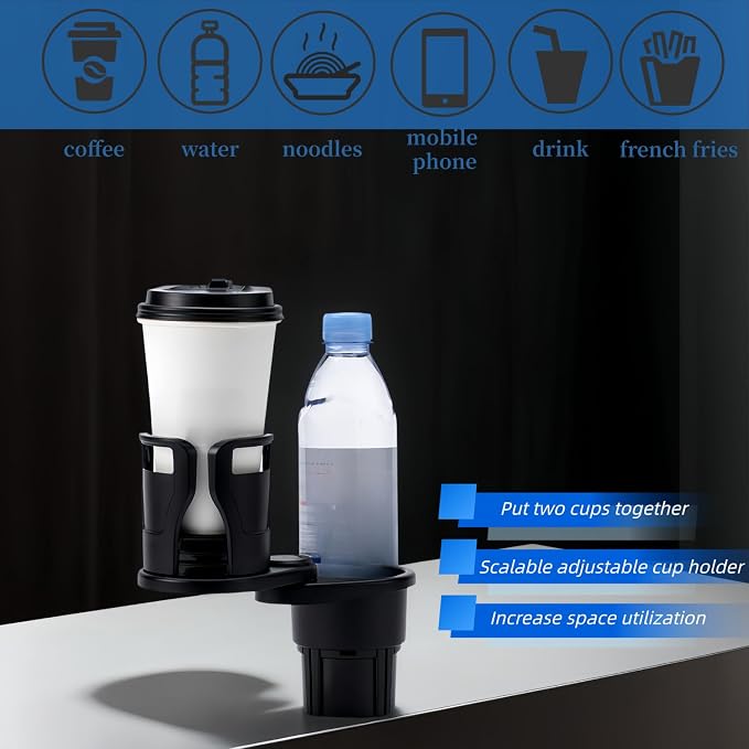 Car Cup Holder Expander，VIVURA 2-in-1 Multifunctional Car Cup Holder, Dual Cup Storage, Compatible with Hydro Flask, Yeti, Nalgene, 32/40 oz Large Bottle Drink Cups - Image 2