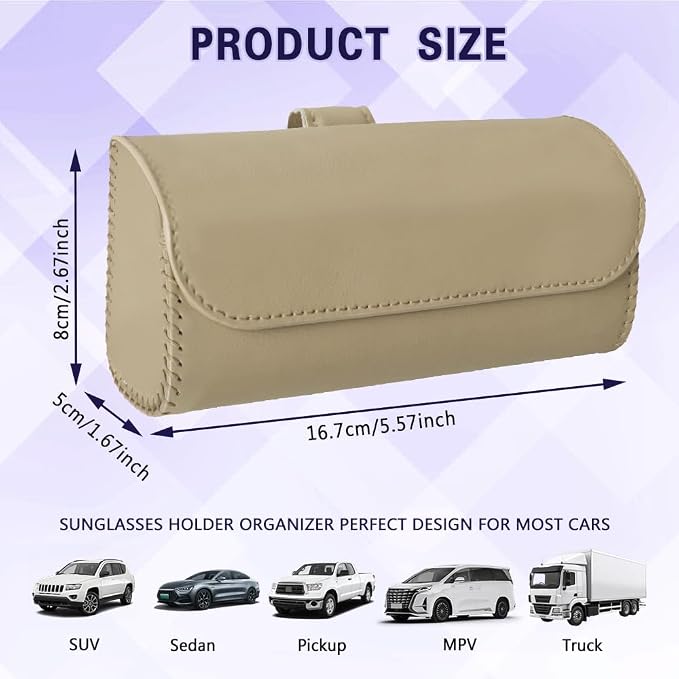 Sunglasses Holder for Car Sun Visor, Sunglass Organizer for Car, Magnetic Leather Eyeglasses Protective Storage Case, Waterproof Glasses Organizer Visor Accessories for Vehicles (Beige) - Image 2