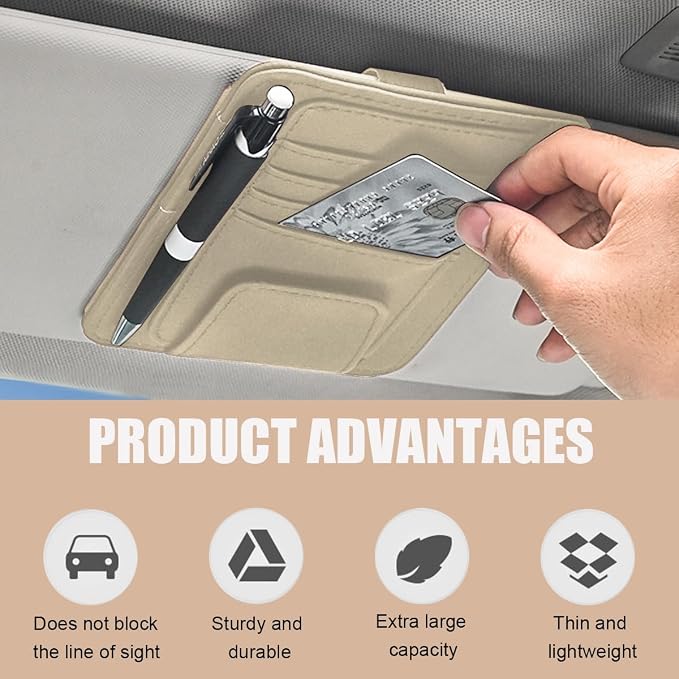 Augeny 2 PCS Car Sun Visor Organizer, Small Auto Visor Organizer and Storage, Registration and Document Holder for Sunglasses, Card, Pen, Driver License, Car Accessories (Beige) - Image 4