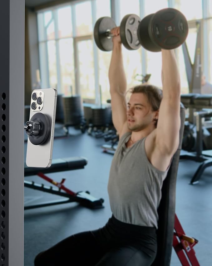 APPS2Car Gym Magnetic Phone Holder, Aluminum Alloy Base & Ball Joint, Black | 360° Adjustable Dual Magnet Phone Mount for MagSafe, Attach to Metal Surface, Gym Accessories for Workout Recording - Image 8
